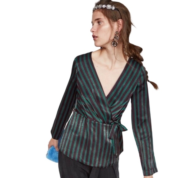 Zara Green Crossover Striped Wrap Tie Blouse Sz Med - Picture 1 of 10